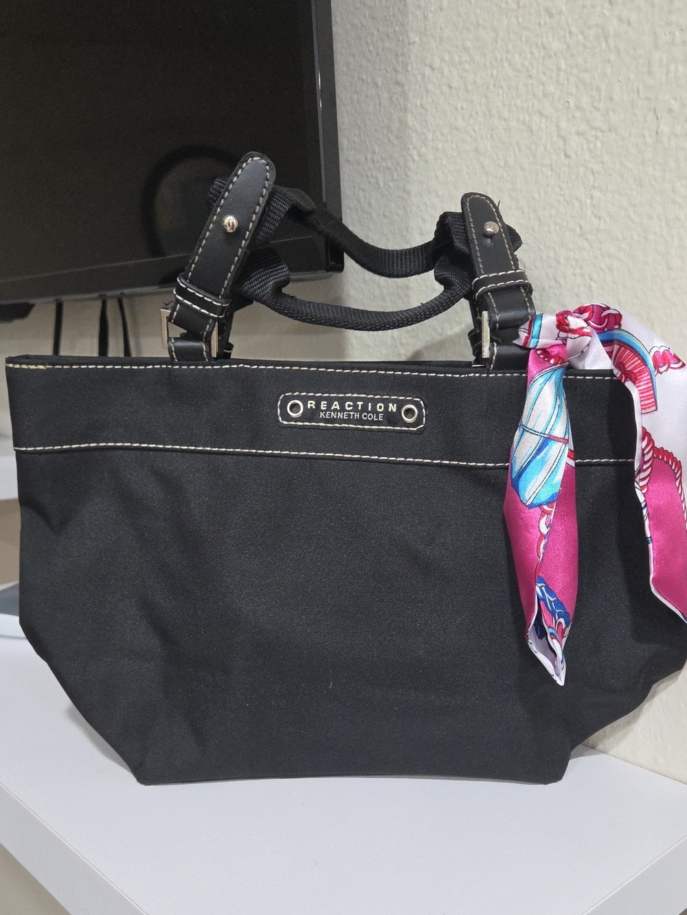 Reaction Kenneth Cole Black Tote with Pink Scarf Accent